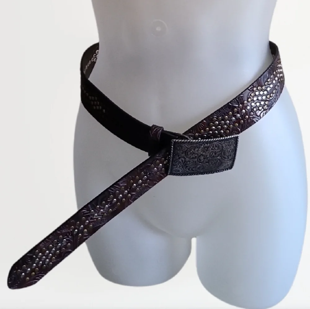 Vintage Y2K Perry Ellis Western Belt Embellished Scroll Design Faux Leather Brwn